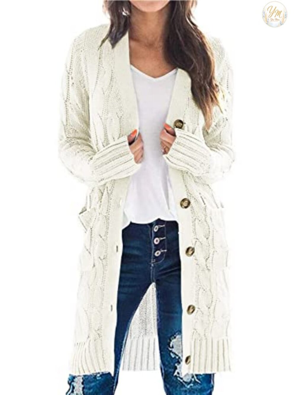 Women's Cable Knit Long Button Cardigan Sweater with Pockets